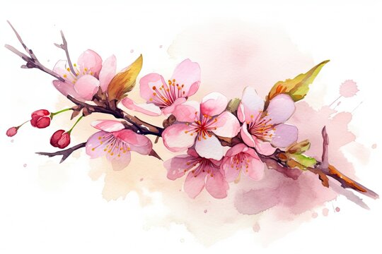 Sakura cherry blossom branch with delicate sakura flowers and buds Watercolor vector illustration. pink sakura flower background features cherry blossoms in full bloom