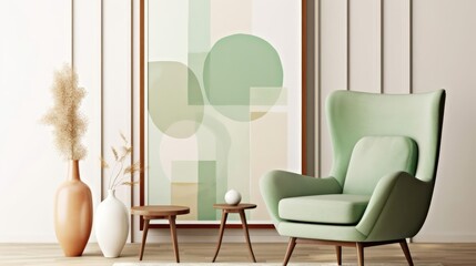 Light green wingback chair against white wall with big art poster frame Midcentury home interior design of modern living room 