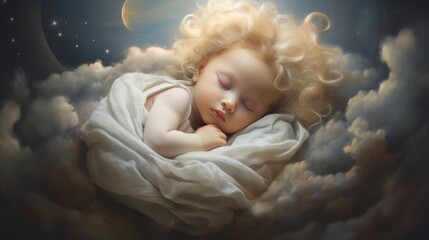 sleeping baby curled up on a cloud, surrealism style, copy space, 16:9 - obrazy, fototapety, plakaty
