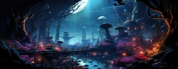 Mystical forest with glowing mushrooms, moonlit night, and ethereal atmosphere, perfect for fantasy-themed projects.