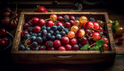 Rustic wooden crate filled with juicy, ripe autumn berries generated by AI