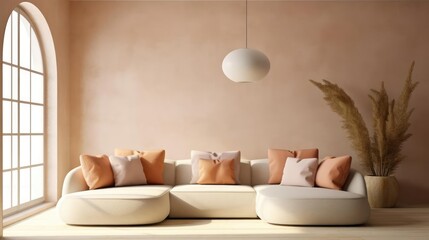 Loft home interior design of modern living room beige sofa with terra cotta pillows against arched window near stucco wall with - Powered by Adobe
