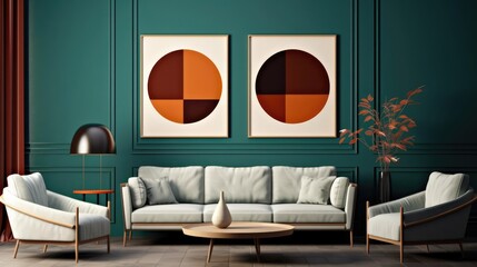 Lounge chairs and sofa against teal classic paneling wall with art posters Midcentury style home interior design of modern living