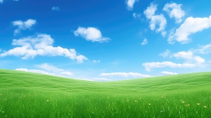 Fototapeta na wymiar Lush green grass under bright blue sky with clouds 