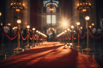 A red carpet is ceremoniously rolled out to mark the glamorous premiere of a movie, with paparazzi present in the background. Generative Ai. © Sebastian