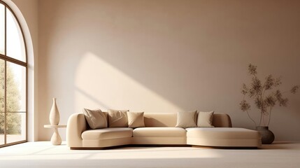 Minimalist home interior design of modern living room Curved sofa against arched window near beige wall with copy space 