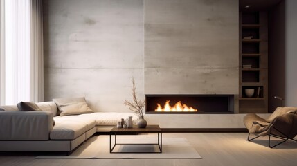 Minimalist style interior design of modern living room with fireplace and concrete walls Created with generative AI 