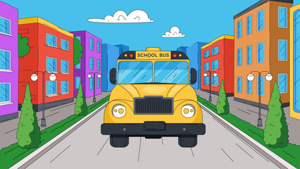 School bus at city street concept. Yellow transport near cityscape with colorful buildings. Education and training. Urban infrastructure for schoolers and students. Cartoon flat vector illustration