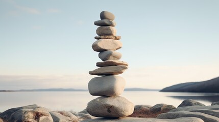  a stack of rocks sitting on top of a pile of rocks next to a body of water with a sky in the background.  generative ai