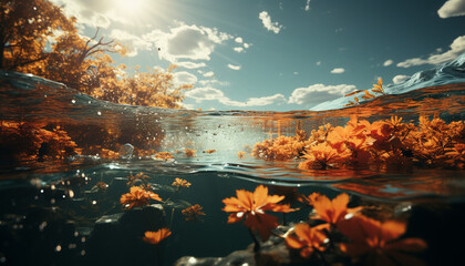 Fototapeta na wymiar Tranquil scene underwater fish reflect sunset on tranquil pond generated by AI