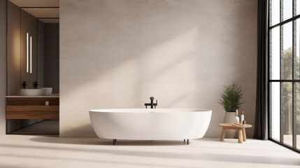 Modern hotel studio interior with tub washbasin and window Empty wall 