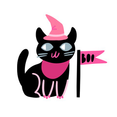 Cute black cartoon cat with a pink hat and a Boo flag. Halloween symbol. Funny character. Happy Halloween