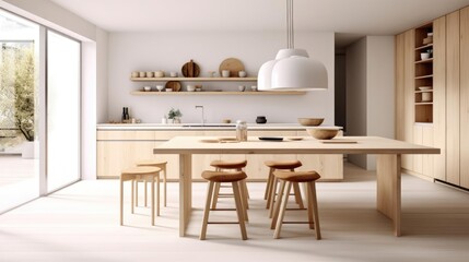 Modern scandinavian minimalist interior design of kitchen with island dining table and wooden stool 