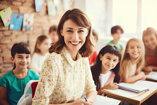 Smiling Teacher Portrait in Elementary Classroom with Engaged Students Learning in the Background