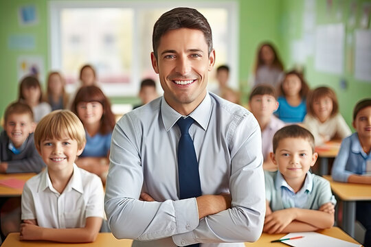 Smiling Teacher Portrait in Elementary Classroom with Engaged Students Learning in the Background