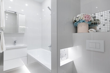 Interior bathroom with white tiles - obrazy, fototapety, plakaty