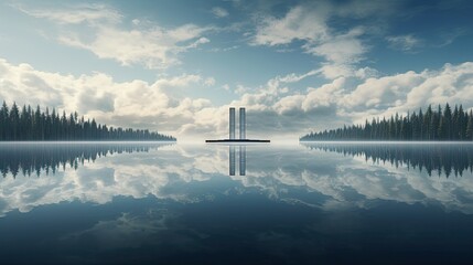  a large body of water with a tower in the middle of it and trees on both sides of the water.  generative ai