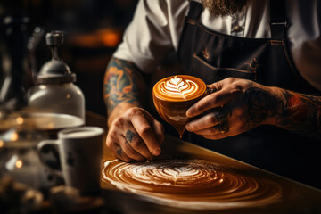 A skilled barista meticulously prepares a beautifully layered cappuccino with latte art, showcasing their coffee craftsmanship. Latte art in coffee. Generative Ai.