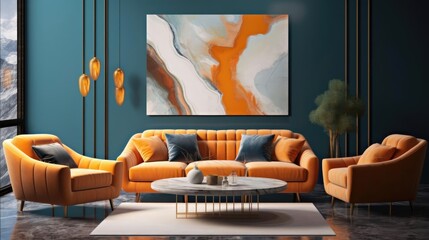 Orange sofa and armchair against dark blue classic wall with marbling poster Art deco home interior design of modern living room 