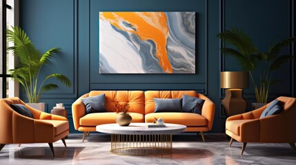 Orange sofa and armchair against dark blue classic wall with marbling poster Art deco home interior...