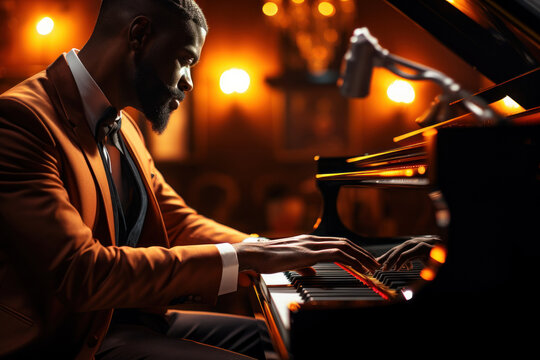 A talented musician plays a soulful melody on a grand piano in a dimly lit jazz club, captivating the audience with music. Jazz piano performance. Generative Ai.
