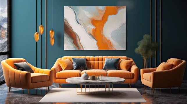 Naklejki Orange sofa and armchair against dark blue classic wall with marbling poster Art deco home interior design of modern living room 