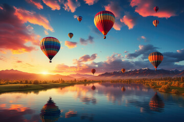 A row of colorful hot air balloons takes flight in the early morning, creating a mesmerizing sight against the sunrise. Hot air balloons and ballooning. Generative Ai.