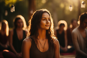 A yoga instructor guides a group through a peaceful outdoor yoga session at sunrise, fostering harmony and well-being. Outdoor yoga and mindfulness. Generative Ai.