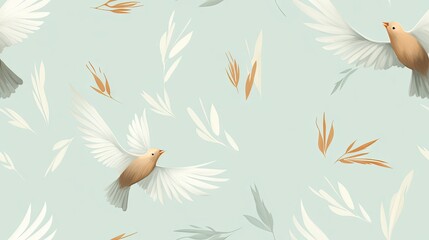 Obraz premium a white and brown bird flying through a sky filled with lots of white leaves and brown and white feathers on a light blue background. generative ai