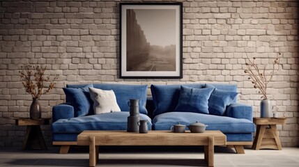 Rustic coffee table near blue sofa against brick wall Farmhouse home interior design of modern living room 