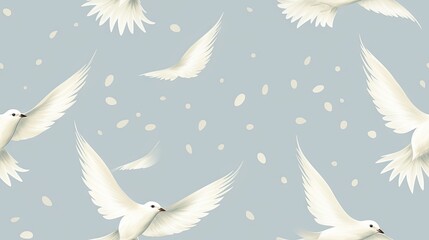  a flock of white doves flying in the sky with white snow flakes on a light blue sky background.  generative ai