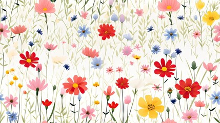 Fototapeta na wymiar a field full of different colored flowers on a white background with a red, yellow, and blue flower in the middle. generative ai
