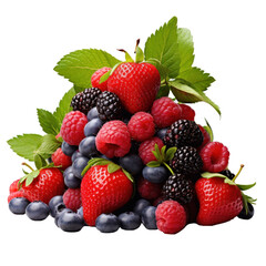 a mound of strawberries, raspberries, blueberries and mint, isolated