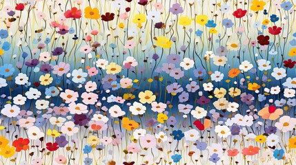  a painting of a field of flowers with a blue sky in the background and a field of red, white, yellow, and blue flowers in the foreground.  generative ai