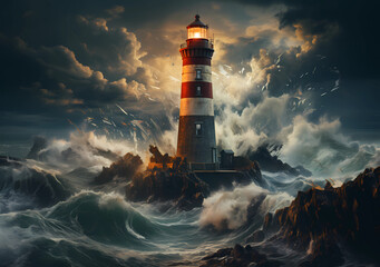 movie poster, a lighthouse close up and a reef in storm, messy waves, dark navy color, wide view, super details