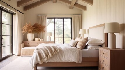 Wood bedside cabinet near bed with beige blanket Farmhouse interior design of modern bedroom with lining wall and beam ceiling 
