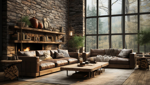 Comfortable modern living room with elegant decoration and rustic brick wall generated by AI