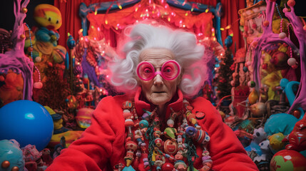 Mrs Santa Claus is taking a break. Older woman, wild white hair wearing pink sunglasses red coat and adorned with a neckless of costume jewelry   - obrazy, fototapety, plakaty