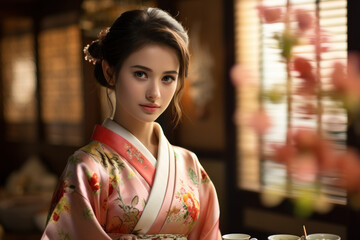 An elegant and poised woman wearing a traditional kimono engages in a graceful tea ceremony, exemplifying the elegance of Japanese culture. Generative Ai.