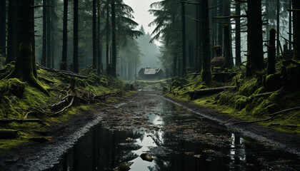 Tranquil scene of a wet forest, mysterious and full of beauty generated by AI