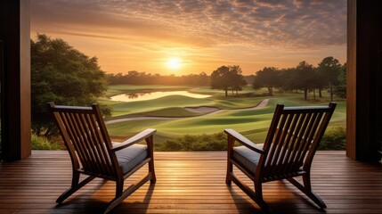 Obraz premium wooden veranda at a resort with two armchairs and tranquil sunrise view over the golf course 