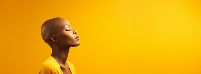  bald African American woman illness cancer on yellow background with copyspace  - obrazy, fototapety, plakaty