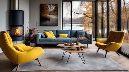 Yellow chair and blue sofa in room with fireplace Scandinavian home interior design of modern living room in house by lake 