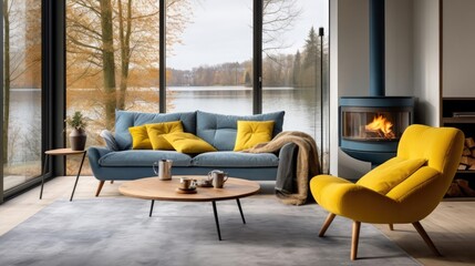 Yellow chair and blue sofa in room with fireplace Scandinavian home interior design of modern living room in house by lake 