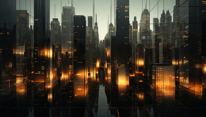 Skyscraper cityscape at night, architecture illuminates urban skyline in dusk generated by AI