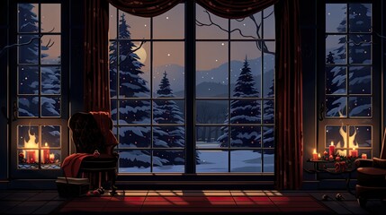  a room with a large window that has a view of a snowy forest outside of it and lit candles in the windows.  generative ai