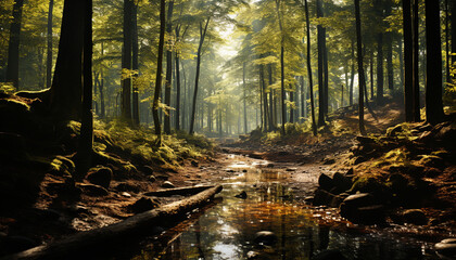 Fototapeta premium Tranquil scene of autumn forest, wet leaves, and green trees generated by AI