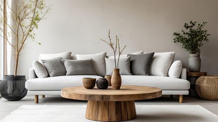 Rustic round wood table near sofa with grey pillows Scandinavian home interior design of modern living room 