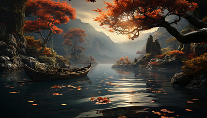 Tranquil scene  autumn forest, fog, reflecting sunset on tranquil pond generated by AI