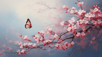  a painting of a butterfly sitting on a branch of a tree with pink flowers in the foreground and a blue sky in the background.  generative ai